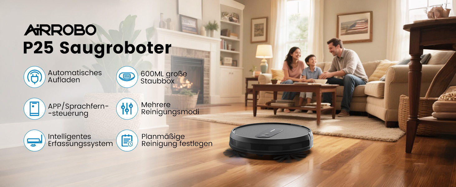 Робот-пилосос AIRROBO P25: потужність 2800Pa, для тварин, керування через додаток, 120 хвилин роботи, з пультом, чорний