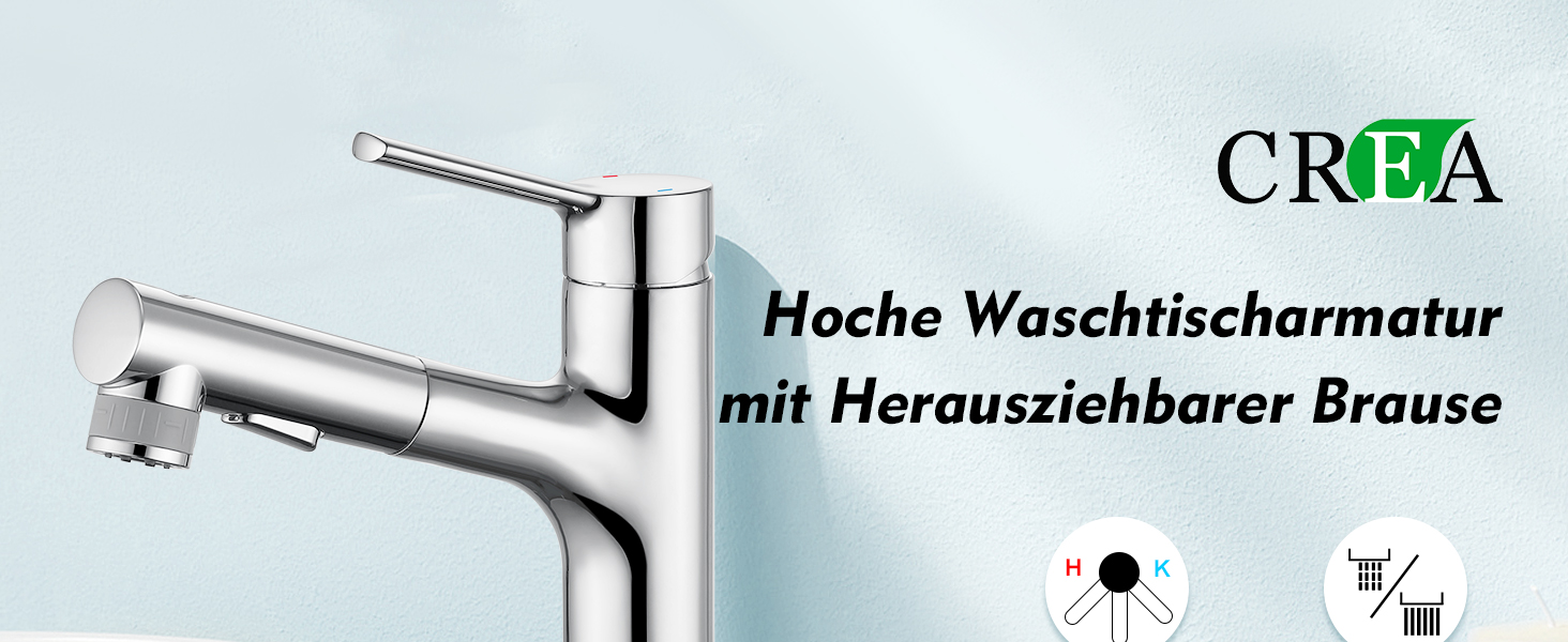 Сучасний змішувач для ванної кімнати CREA з висувною лійкою, 2 режими струменя, з міді, хром, для умивальника