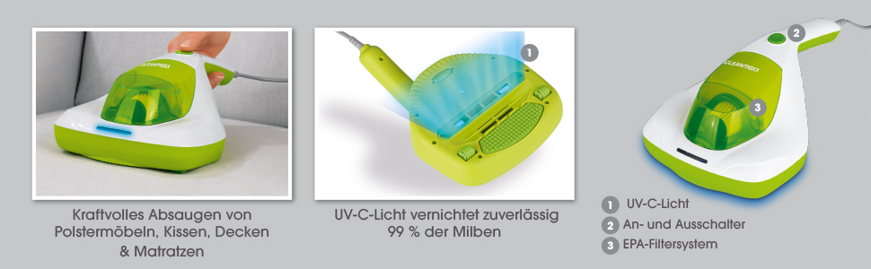 Ручний пилосос CLEANmaxx проти кліщів Засіб для чищення матраців з ультрафіолетом UV-C Знищує 99,9 всіх кліщів З фільтром HEPA та контейнером для пилу на 250 мл Ідеально підходить для алергіків Limegreen