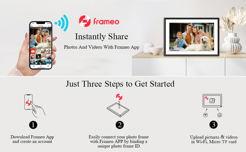 Цифровий фоторамка FRAMEO з Wi-Fi, 32GB, 10.1 дюйма, сенсорний екран, автоповорот, датчик руху, Frameo App для обміну фото з будь-якого місця