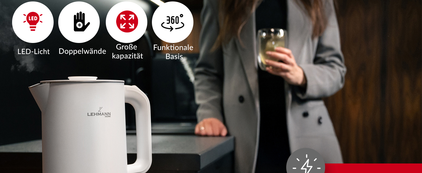 Електричний чайник Lehmann Edelstahl 1.7L, 2200W з подвійними стінками, автоматичне відключення, захист від перегріву, BPA-free, для дитячого харчування, чаю та кави (Білий)