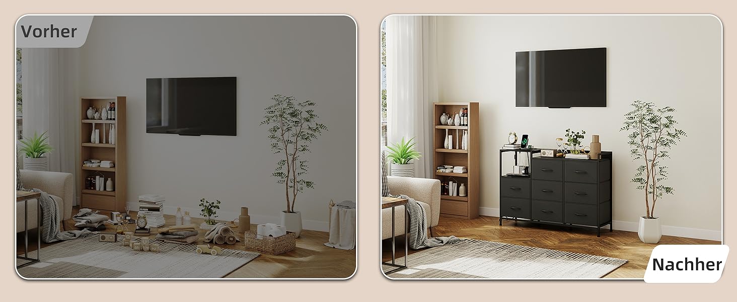 Комод Somdot з висувними ящиками для спальні, вітальні, передпокою з LED-підсвічуванням та розетками (2 AC, 1 USB, 1 Type-C), 5 тканинних ящиків, білий, 29T x 66,5B x 70,5H cm (Чорний, 29T x 99B x 70.5H cm (8 ящиків))