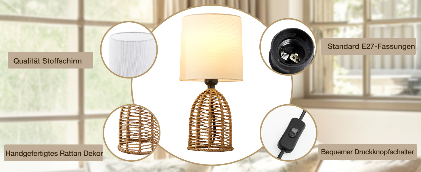 Настільна лампа GyroVu 2 шт. з ротангу, Бохо стиль, цоколь E27, для спальні, вітальні, нічний столик, читання, рустикальний дизайн