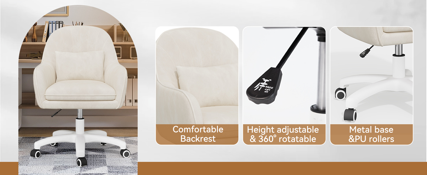 Крісло для дому та офісу Aivermeil: м'яке, з підголівником, обертове, регульоване по висоті, ергономічне, до 120 кг, бежеве