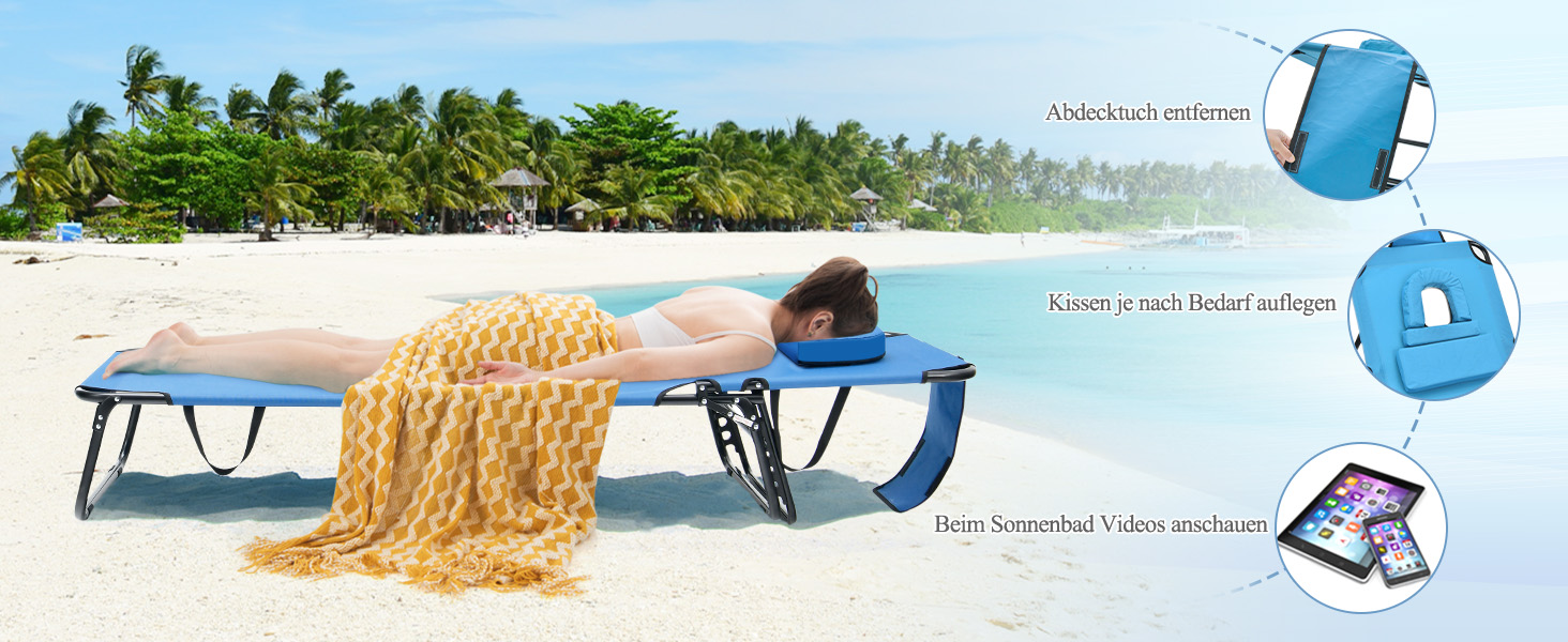 Лежак для відпочинку Costway з отвором для обличчя, розкладний, з 3 знімними подушками та регульованою спинкою, для саду та басейну (Чорний)