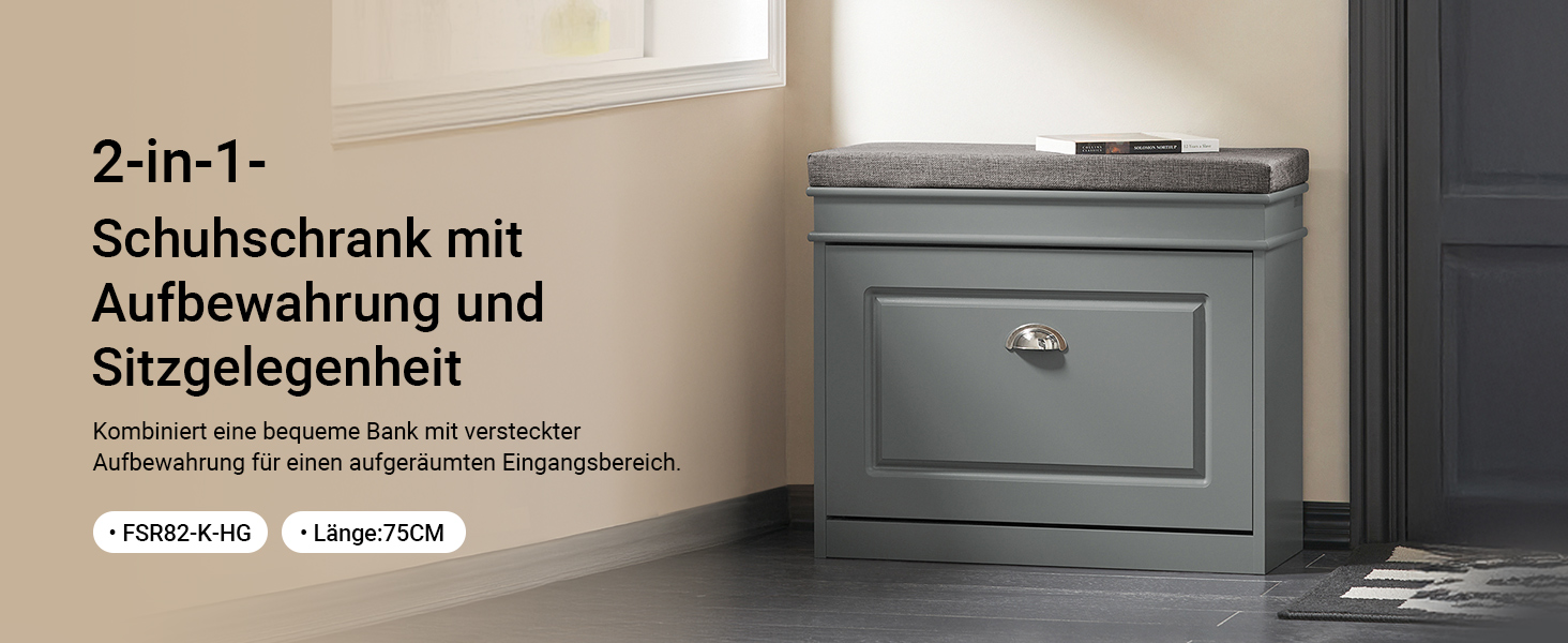 Полка для взуття SoBuy з подушкою для сидіння та місцем для зберігання, вузька, до 150 кг, сірий, 60x51x24 см