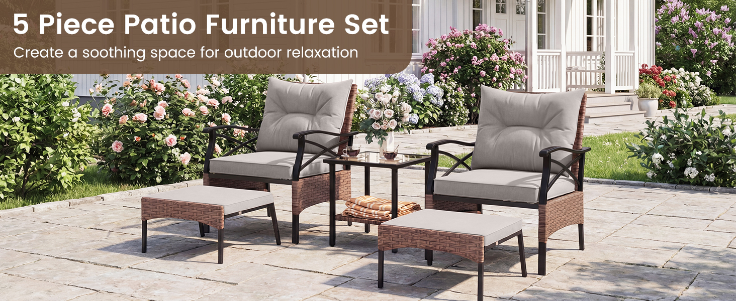 Садовий набір меблів COSTWAY з ротангу, 5 предметів: 2 крісла з подушками, пуф та стіл. Меблі для балкона, тераси, саду, коричнево-сірий колір