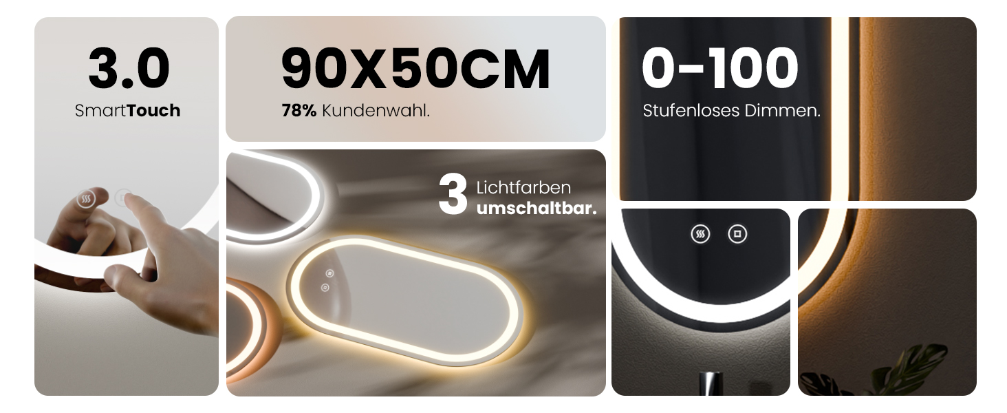 Дзеркало для ванної кімнати EMKE з підсвічуванням 50x90 см, овальне, з сенсорним перемикачем, 3 кольори світла, регулювання яскравості, антизапарник, функція пам'яті, автоматичне вимкнення через 3 години