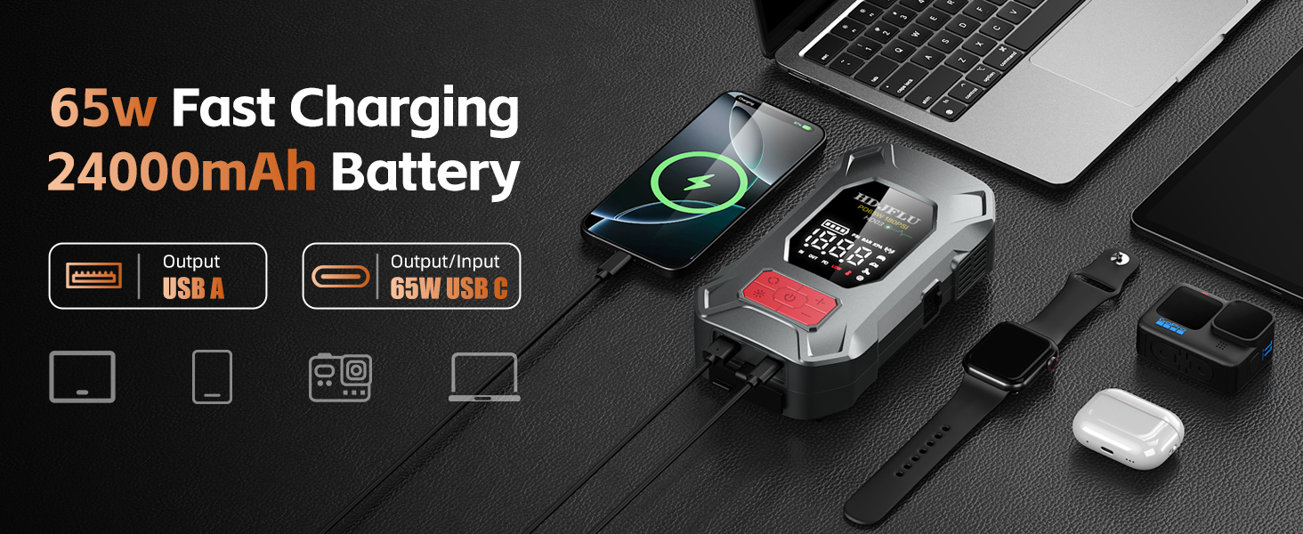 Пусковий пристрій Jump Starter 7500A з компресором 180 PSI та Powerbank 24000mAh для бензинових та дизельних авто (до 10.0L), PD65W, LED-дисплей