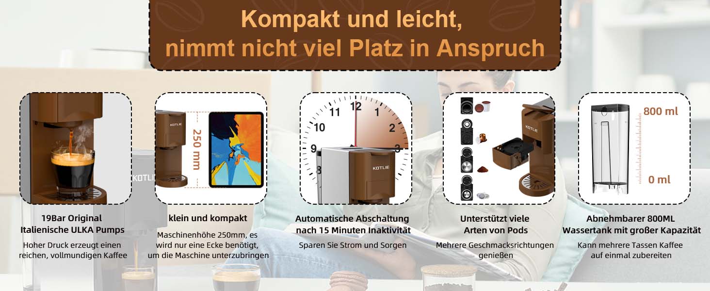 Кавомашина KOTLIE Espresso 4-в-1 для NES/Dolce Gusto/меленої кави/ESE (44мм), 19 Бар, коричнева