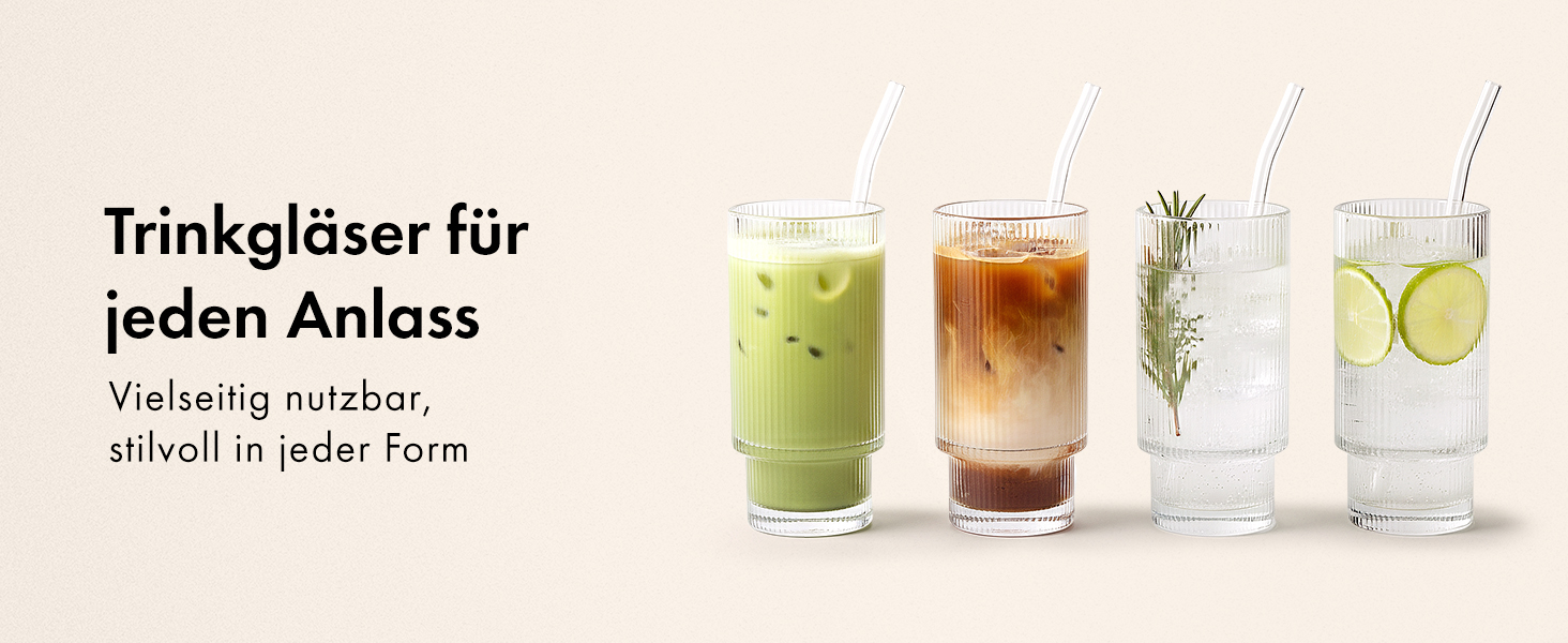 Набір склянок для коктейлів 4 шт. 300 мл рифлені - Gin, Longdrink, Matcha - склянки з трубочками