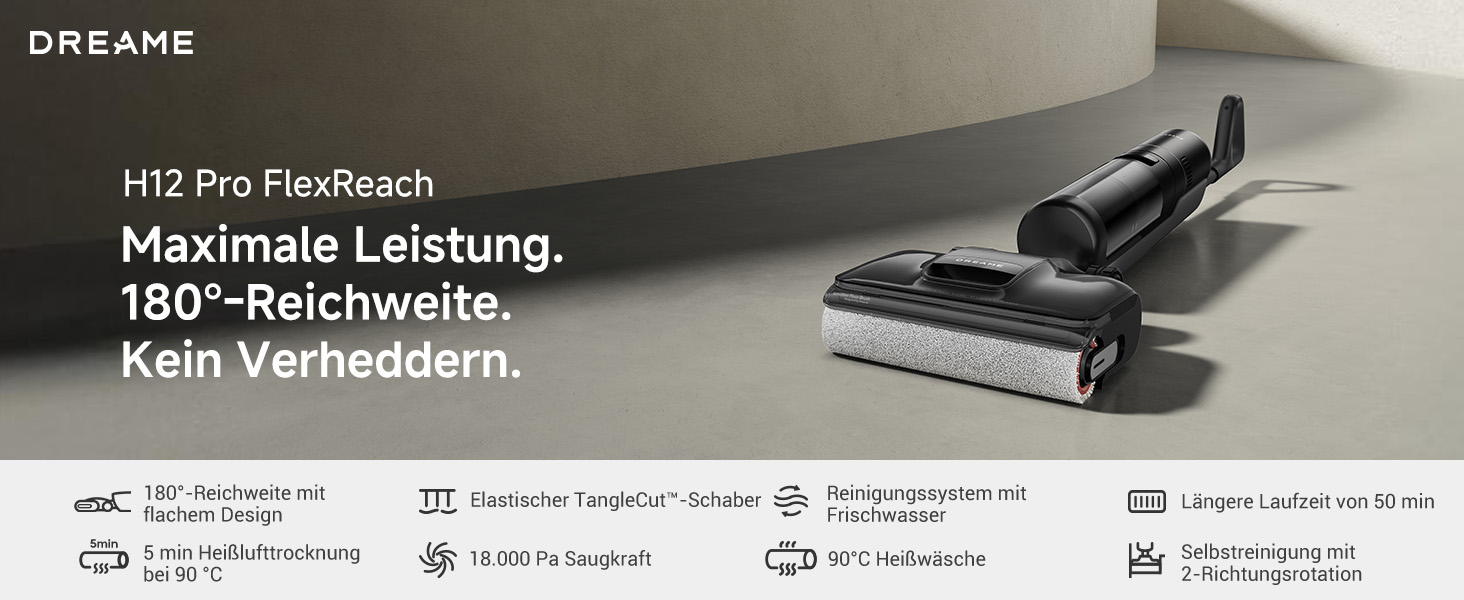 Пилосос Dreame H12 Pro FlexReach: миття та сухе прибирання, гаряче повітряне сушіння 60°C, самоочищення, 16000 Па, подвійне очищення країв, інтелектуальне розпізнавання поверхонь
