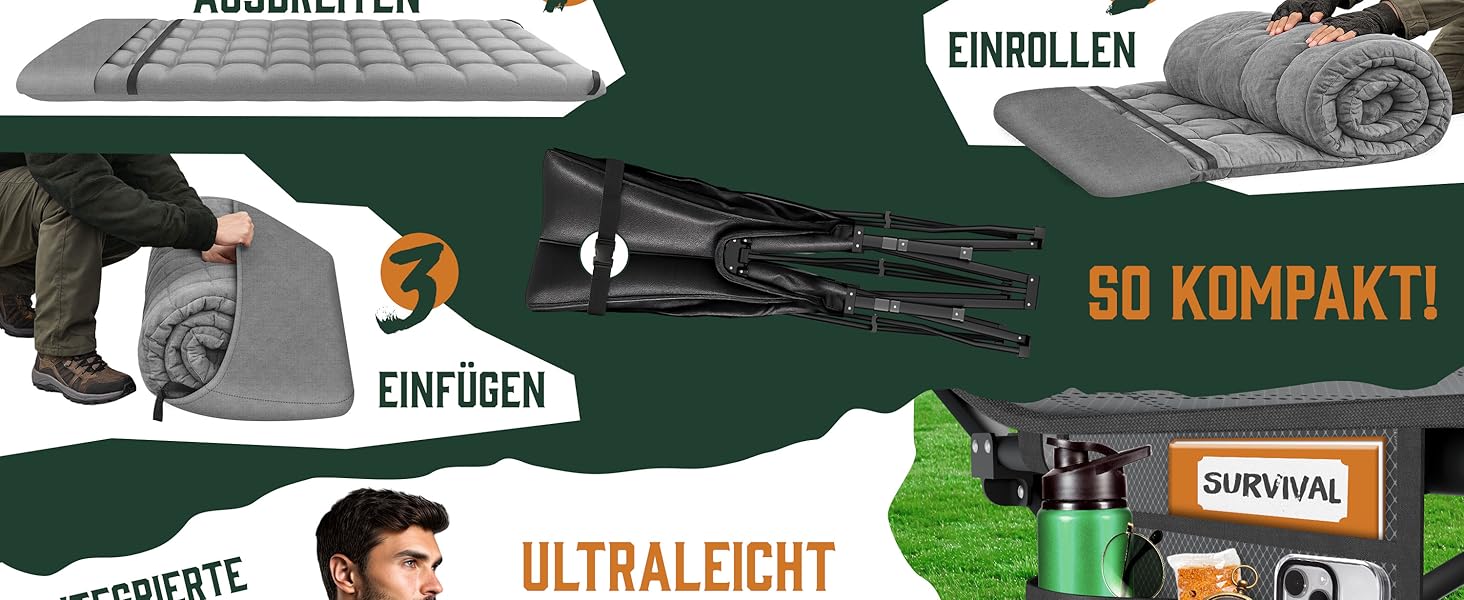 Розкладне туристичне ліжко ELONEO NEU з преміум-матрацом, витримує до 200 кг, з сумкою для транспортування, сіре