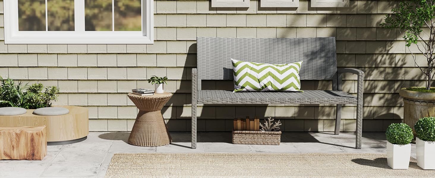 Садова лавка з поліротангу UDPATIO для тераси, балкону та саду (123x63x86 см, сіра). Міцна (до 320 кг) з спинкою та підлокітниками