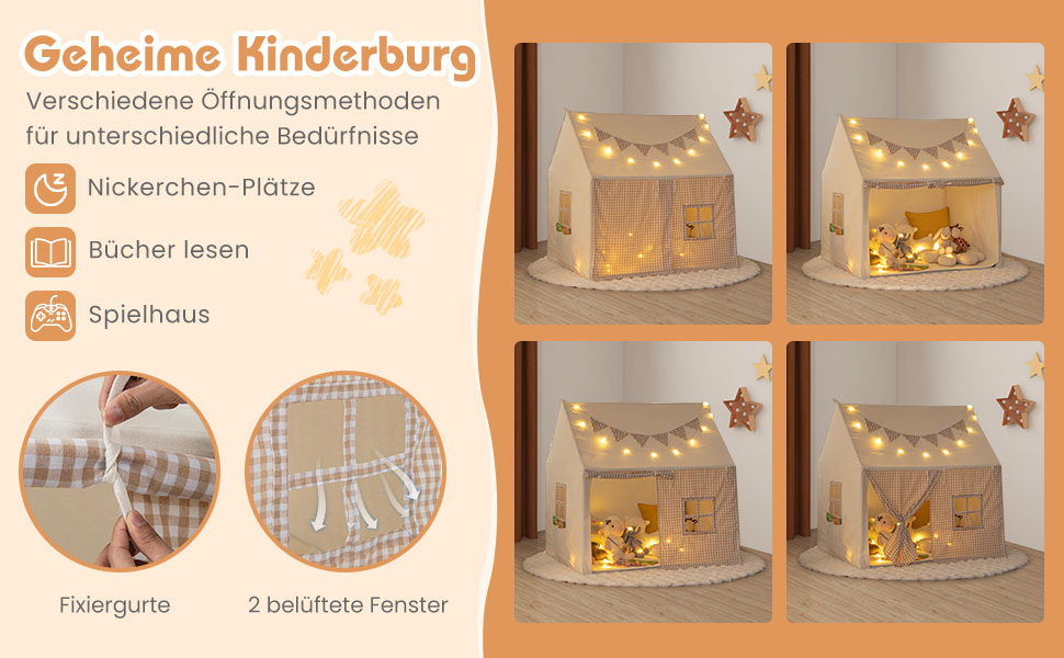 Дитячий намет GOPLUS з м'яким килимком, зірочками та китицями, ігровий будиночок для дому та вулиці з вікнами, дверима та кишенями, для дітей від 3 років (Рожевий)