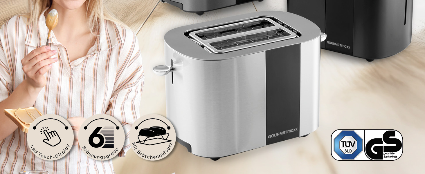 Тостер GOURMETmaxx для 2 скибок, антрацит: електричний тостер з 6 режимами підсмажування, таймером, підставкою для булочок та функцією підігріву, сенсорний дисплей