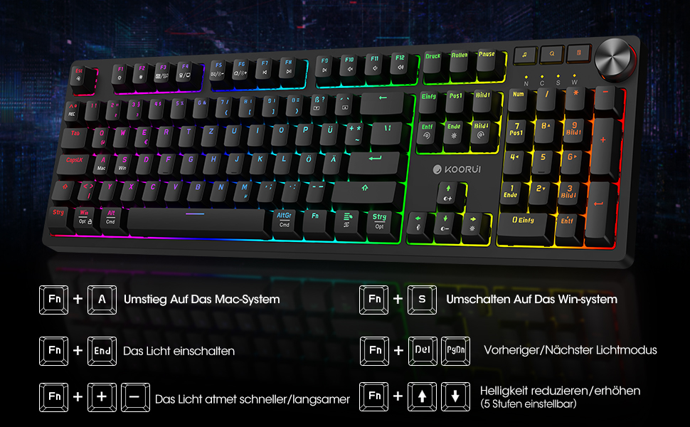 Механічна клавіатура KOORUI для геймінгу: бездротова/провідна/Bluetooth, 82 клавіші, QWERTZ (німецька розкладка), 4000mAh, коричневий перемикач, сумісна з Windows/MacOS/Linux
