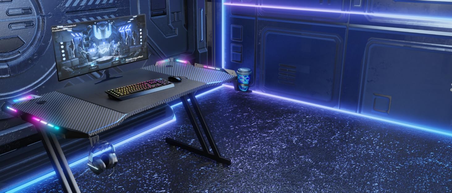 Ігровий стіл кутовий 150 x 100 см з 3 розетками та 1 USB, реверсивний, з LED-підсвічуванням, з ящиками та підставкою для монітора, для геймінгу, офісу, коричневий