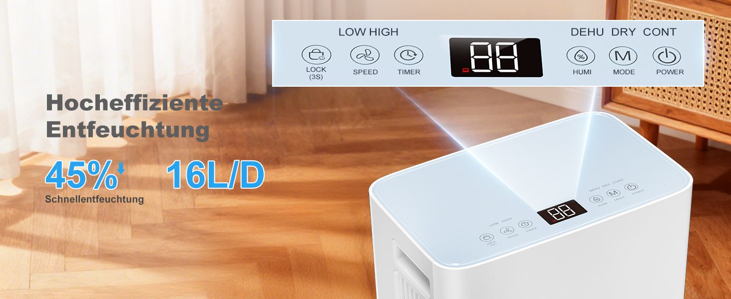Повітряний осушувач Macchiatto Elektrischer Kompakt 16л для приміщень до 80м³ (32м²) з автоматичним режимом та колесами