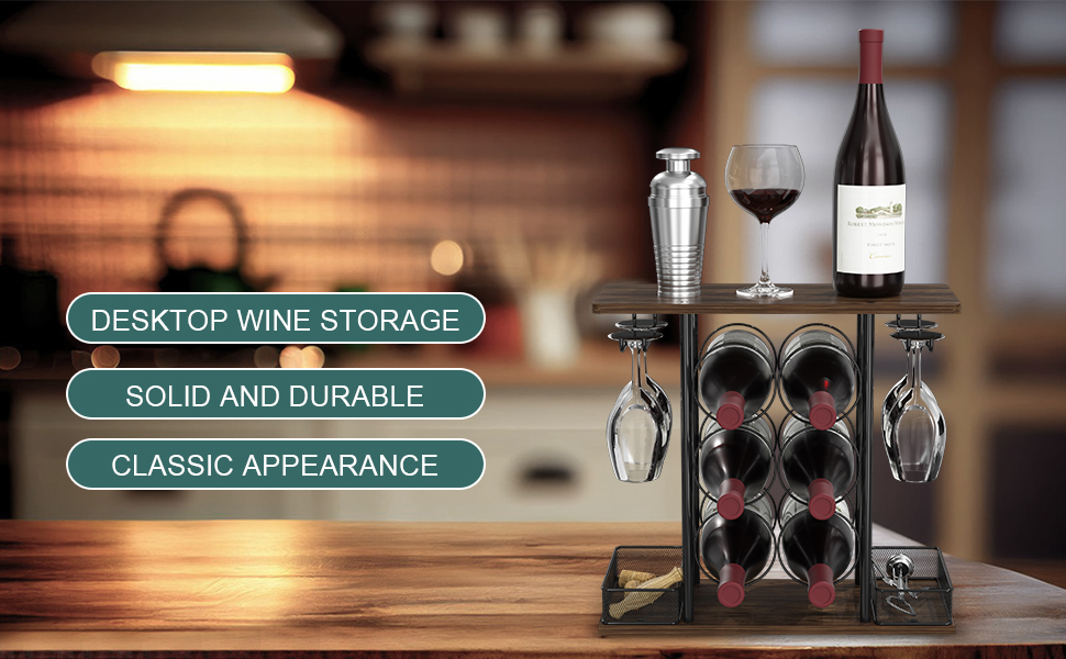 Стелаж для вина з дерева та металу на 3 яруси - 6 пляшок та 4 келихи, для дому