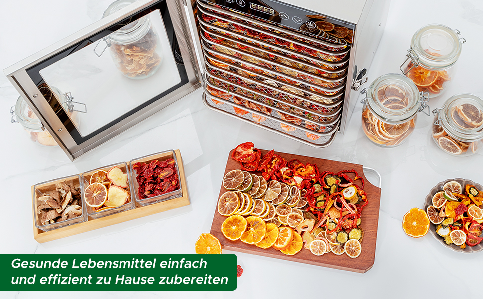 Сушарка для продуктів Kwasyo Edelstahl 750W, 12 ярусів, професійна, з таймером, регулюванням температури та захистом від перегріву + книга рецептів