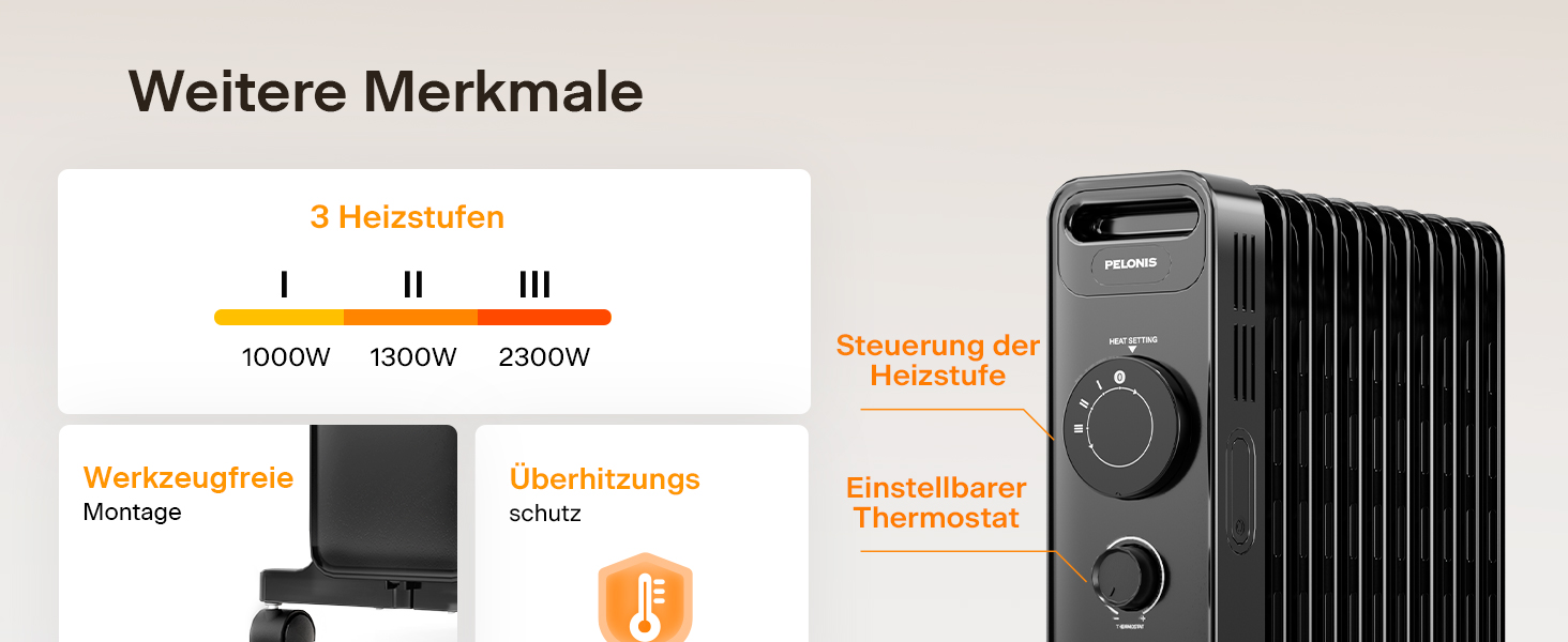 Масляний радіатор PELONIS 2300W з J-подібними ребрами, 3 режими нагріву, термостат, тихий, з захистом від перекидання, енергоефективність A, для спальні, вітальні, офісу, 11 ребер, чорний (без пульта)