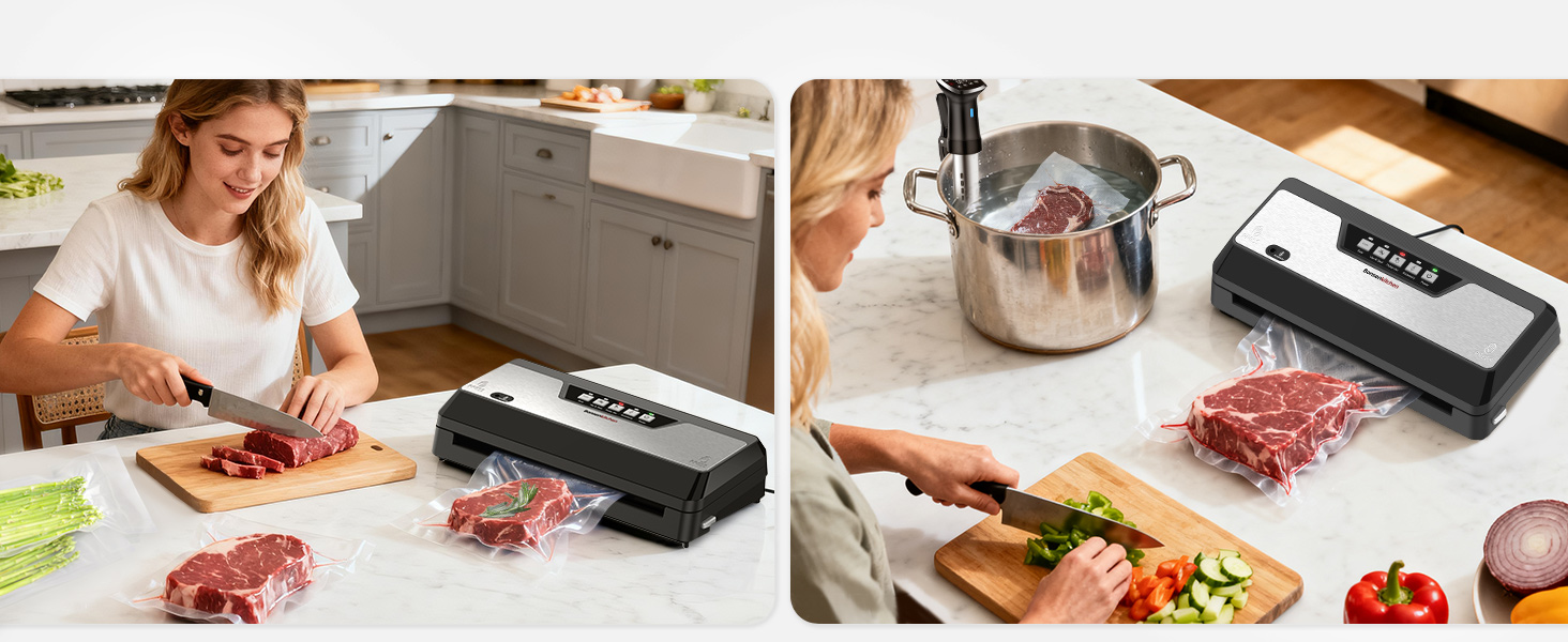 Вакууматор для продуктів Bonsenkitchen з вбудованим різаком, компактний вакууматор для Sous Vide та заготовок, кілька режимів роботи, чорний (в комплекті 1 рулон та 5 пакетів)