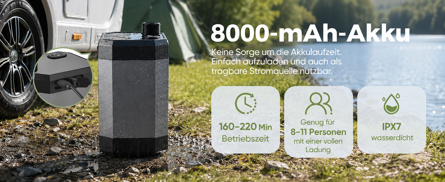 Портативний кемпінговий душ з помпою, акумулятором 8000mAh, підігрівом води та складаним відром 20Л, IPX7 водонепроникний