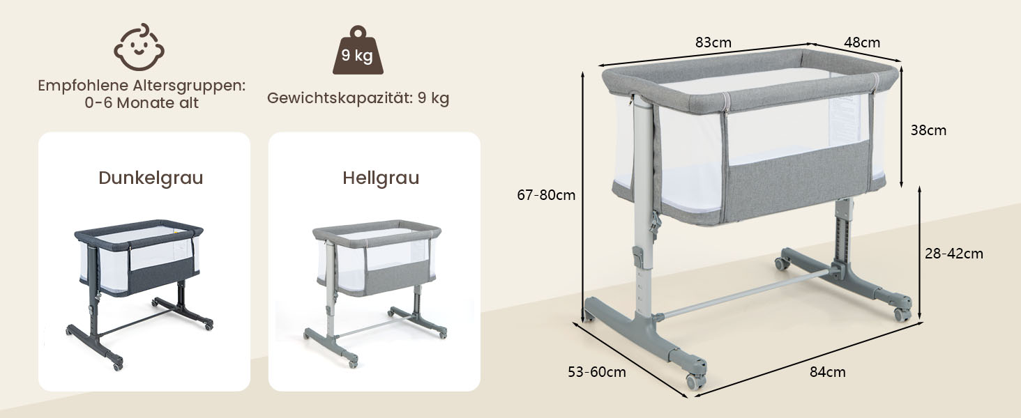 DREAMADE Beistellліжко 2-в-1 з регулюванням висоти, 5-рівнів, для новонароджених, з матрацом та колесами, 86 x 63 см, нахил 10°, сірий колір