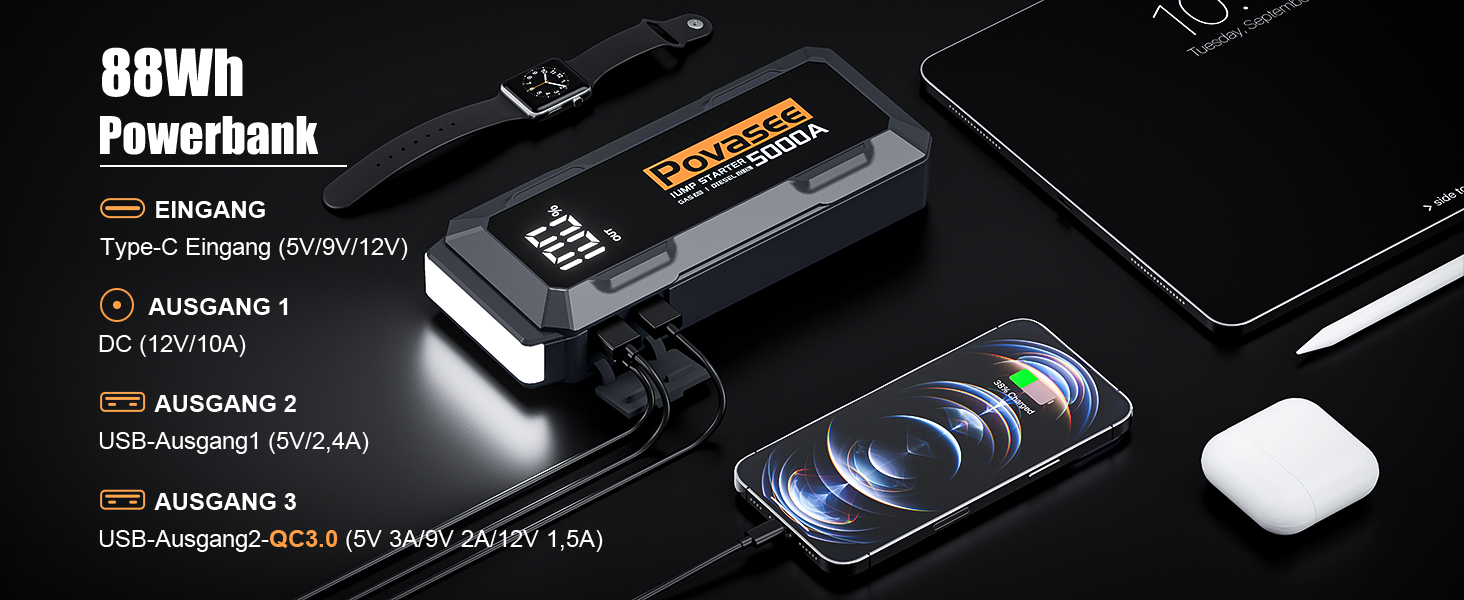 Бустер автозапуску Povasee Starthilfe Powerbank 5000A для бензинових та дизельних двигунів (до 10л), пусковий пристрій 12V з LCD-дисплеєм, USB-портами та LED-ліхтарем, сірий