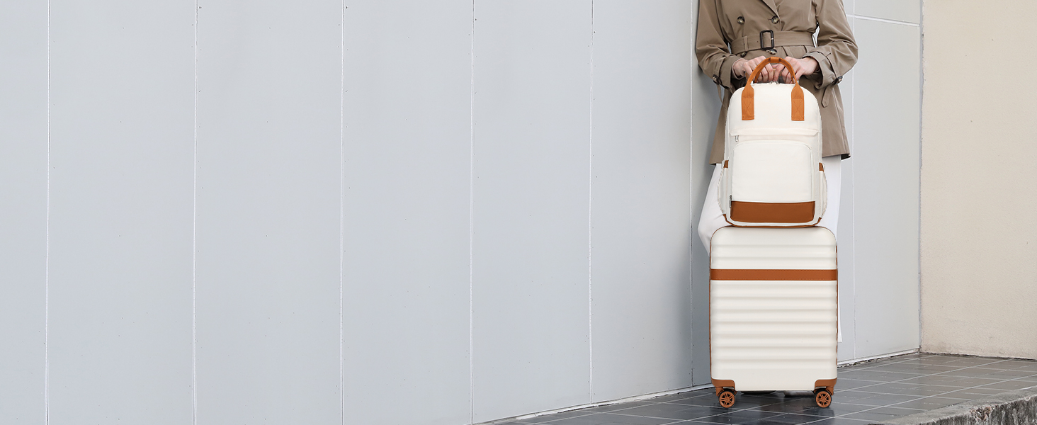 Набір валіз KONO: 3-в-1 (рюкзак, валіза на колесах, косметичка) з ABS+PC, TSA-замок, 4 колеса (кремовий/коричневий)