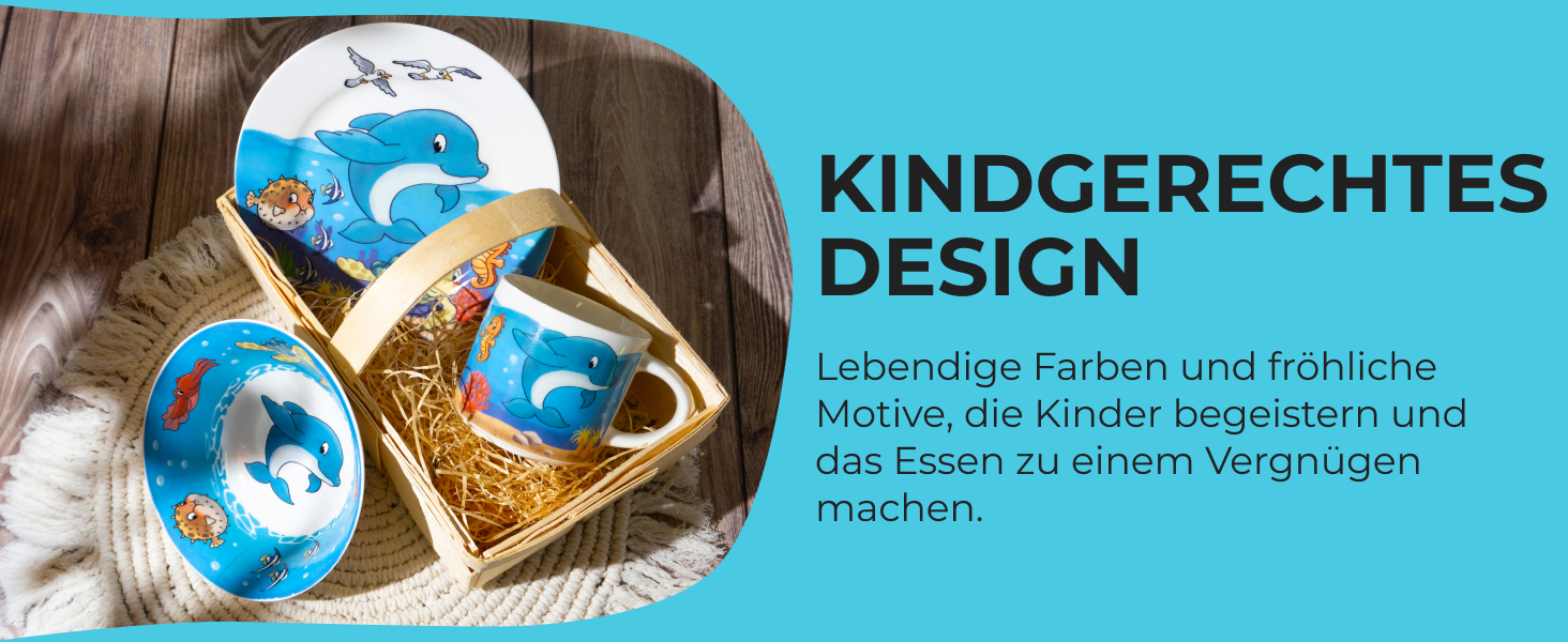 MIAMIO Набір дитячого посуду 3 шт. з порцеляни (Тарілка, Миска, Чашка) - Океан