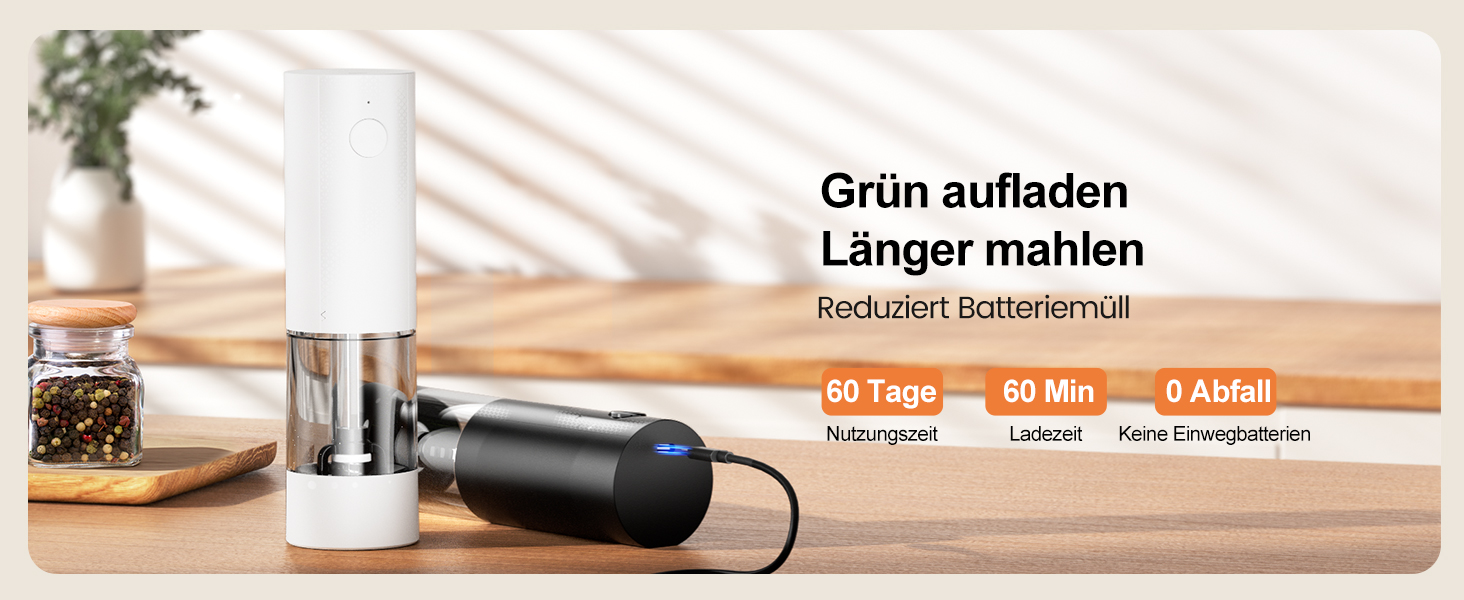 Електричні солі та перечні млини 2 шт. з USB-C зарядкою, регулюванням помелу, LED підсвіткою, керамічним жорном та підставкою – чорний/білий