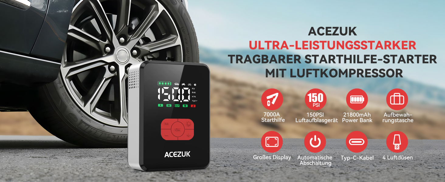 Портативний пусковий пристрій 7000A з компресором 150PSI для автомобілів, 12V, LED-ліхтарик
