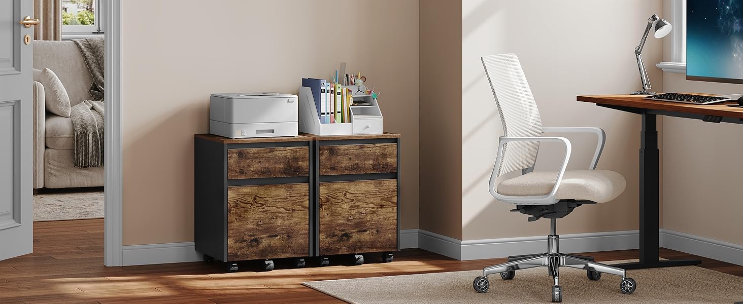 Контейнер на колесах WOLTU з 2 шухлядами, мобільний офісний шафка, підставка під стіл, шафка для принтера, для офісу та дому, 40x56x40 см, з вінтажною обробкою дерева, 2 полиці