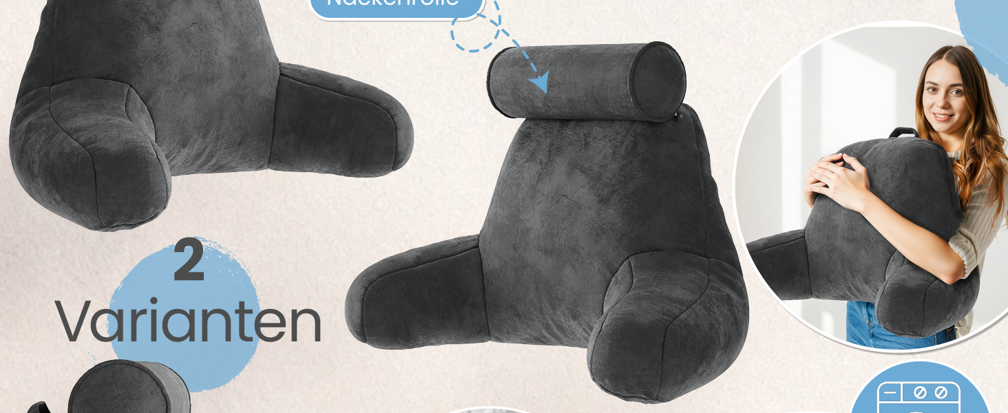 Подушка для спини ELONEO з підлокітниками – для ліжка та дивана. Зробить підтримку спини, голови та шиї більш комфортною (з роликом для шиї)