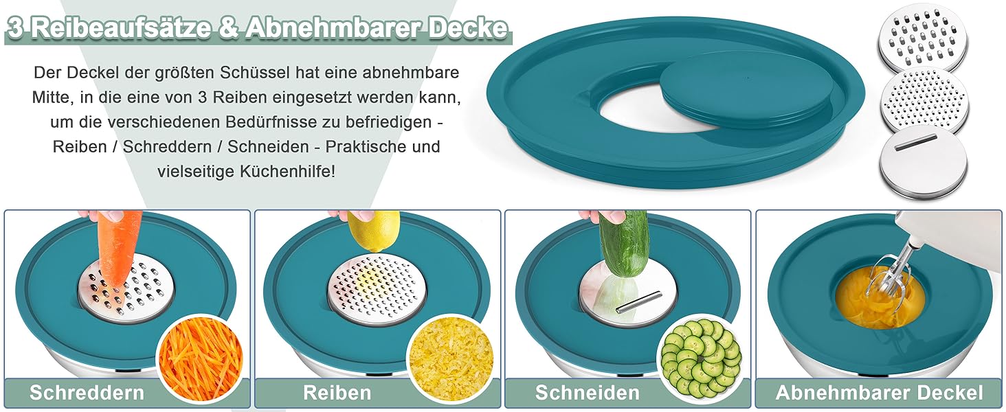 Набір мисок HaWare 6 шт. з нержавіючої сталі, 6 мисок + 6 кришок + 3 тертки, об'єм 4.6/2.8/2.5/1.6/1.2/0.7л, з антиковзним силіконовим дном, для миття в посудомийній машині