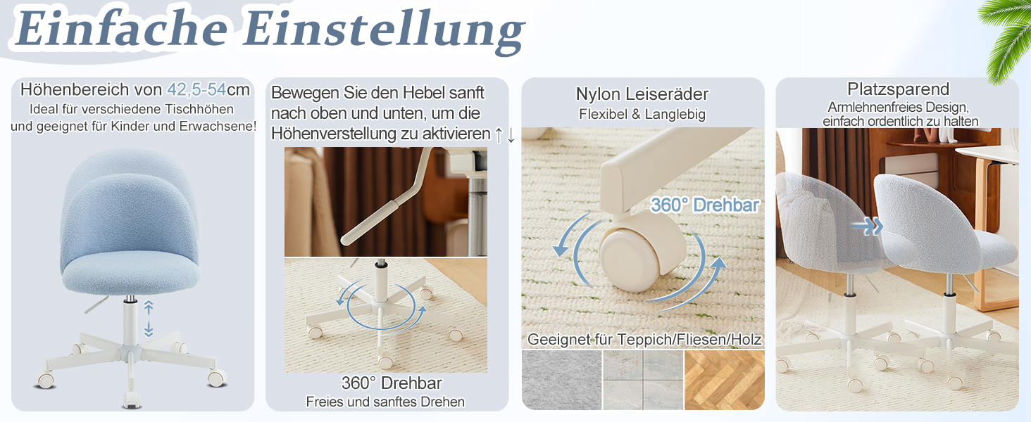 Офісне крісло Bonnlo з роликами, крісло для туалетного столика, регульоване по висоті, для робочого кабінету, спальні, home office, з м'якої тканини Teddy, біле (світло-блакитне)