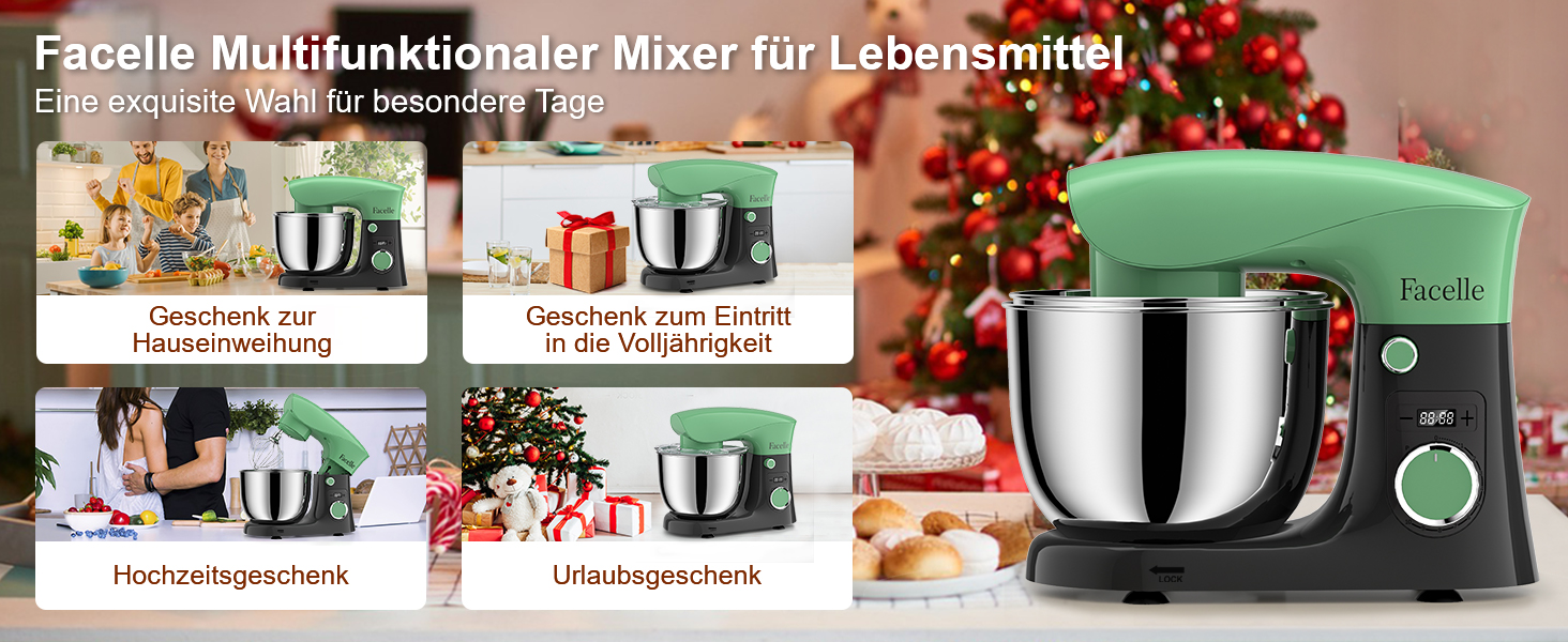 Кухонна машина-міксер Facelle 1500W з великою чашею 5.5/4.5л, 10+ програм, тиха робота, набір насадок (зелено-сірий)