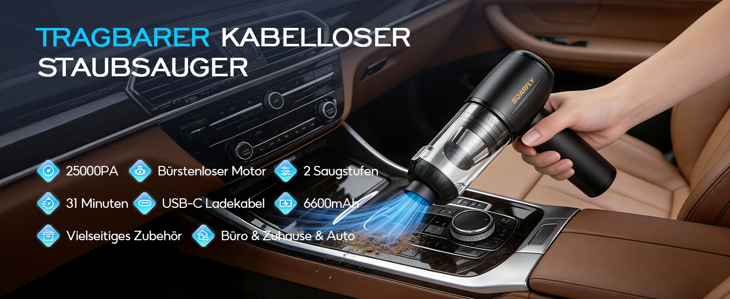 Акумуляторний ручний пилосос SoarFly 4 в 1, 25000Па, бездротовий міні-пилосос для авто, дому та ПК з безщітковим двигуном, LED-підсвіткою та набором щіток, чорний