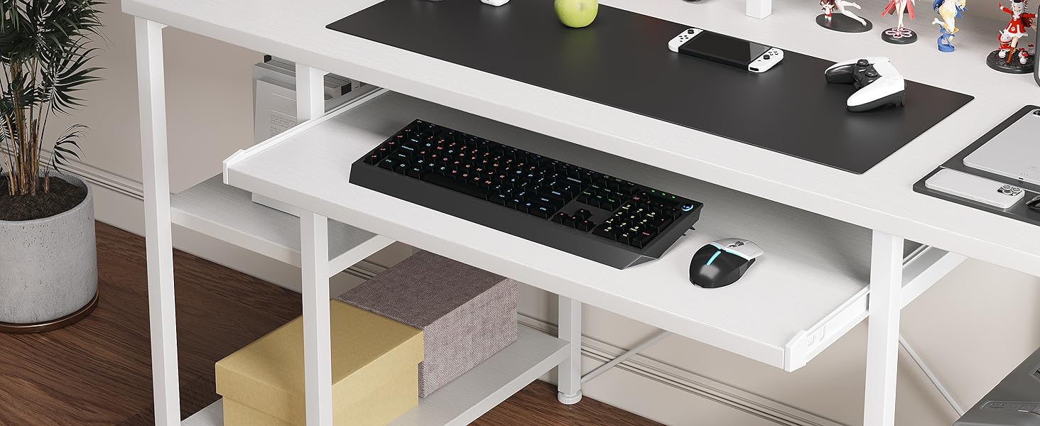 Комп'ютерний стіл для дому та офісу з підставкою для клавіатури, геймінговий стіл з підставкою для монітора та CPU-стійкою, сучасний стіл для навчання та роботи, білий, з полицями
