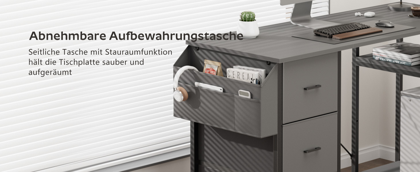 Комп'ютерний стіл HLONONE L-подібний з 3 ящиками для тканини, з полицями та бічною кишеню, для офісу, геймінгу та дому, білий (120 x 80 см, сірий)