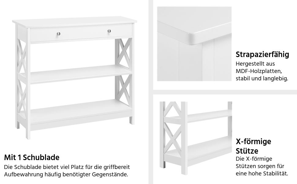 Консольний стіл Yaheetech, Стіл для передпокою з ящиком і 2 полицями, Журнальний столик Дерево, 80x30x80 см, Білий