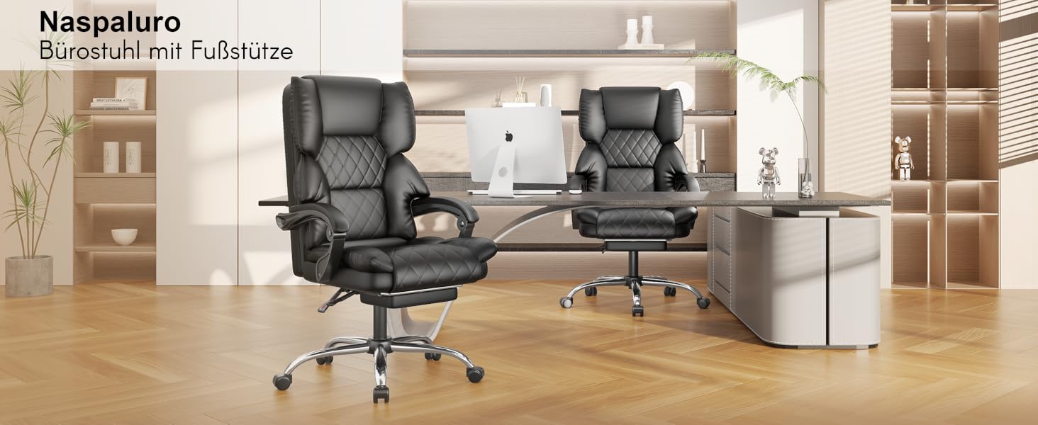 Офісний крісло-шезлонг для кухні від NaspaLuro з підніжкою, чорного кольору. Ергономічний комп'ютерний стілець з PU шкіри, м'якими підлокітниками та регульованою спинкою. Регульована висота, поворотний механізм. Без підігріву.