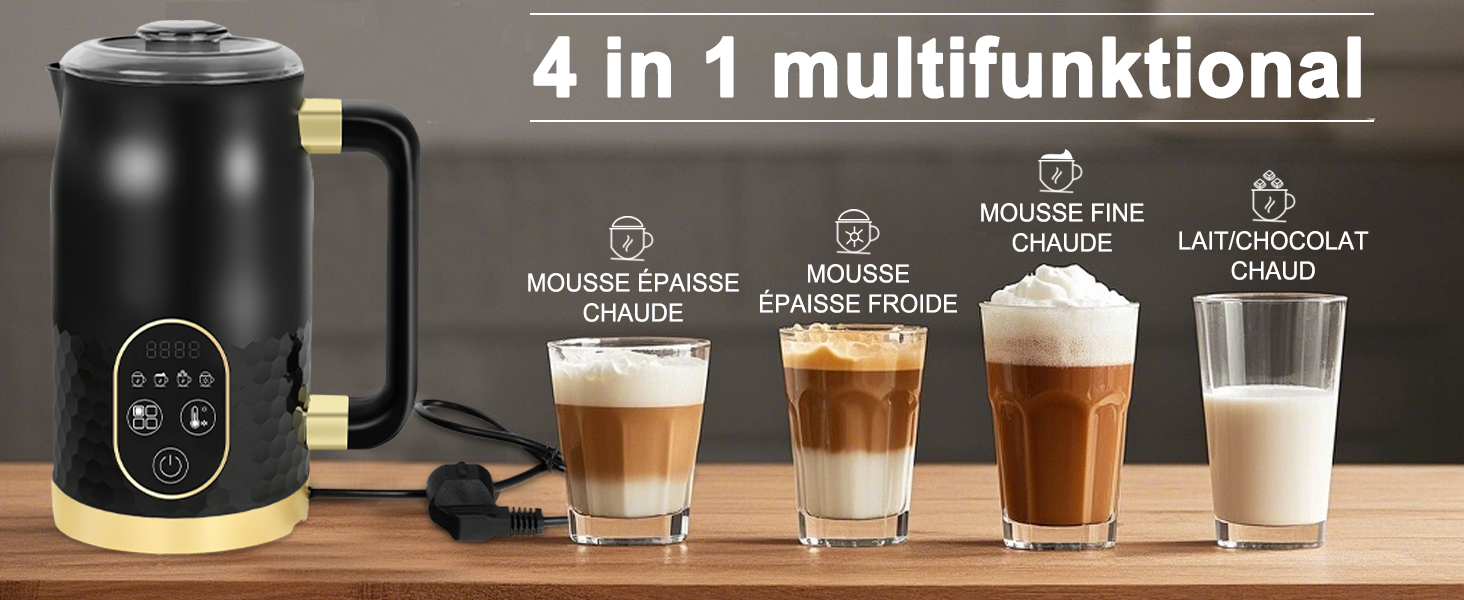 Електричний піноутворювач молока 4-в-1 з контролем температури. Підходить для капучино, лате та гарячого шоколаду. 2 насадки для різних типів пінки.