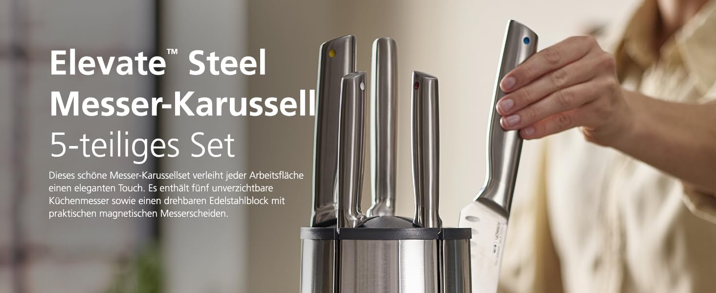 Joseph Joseph Elevate - Набір ножів з обертовим підставою (5 шт.) з нержавіючої сталі, японські леза, антифронт покриття, неслизьке дно