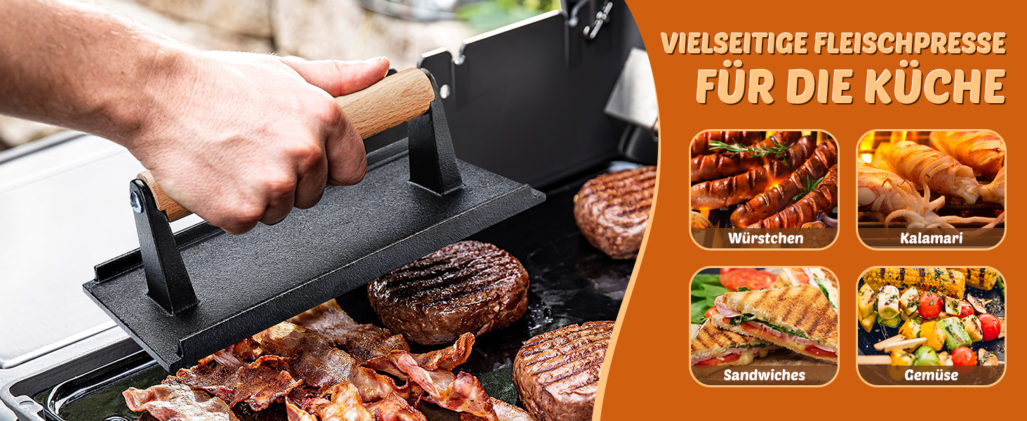 Пресс для бургерів Freelander з чавуну, набір для розчавлювання бургерів (Ø 17.6 см, 20.5 см), прес для гриля з термостійкою ручкою, великий бургерний прес для BBQ, стейків, сендвічів (чорний, прямокутний)