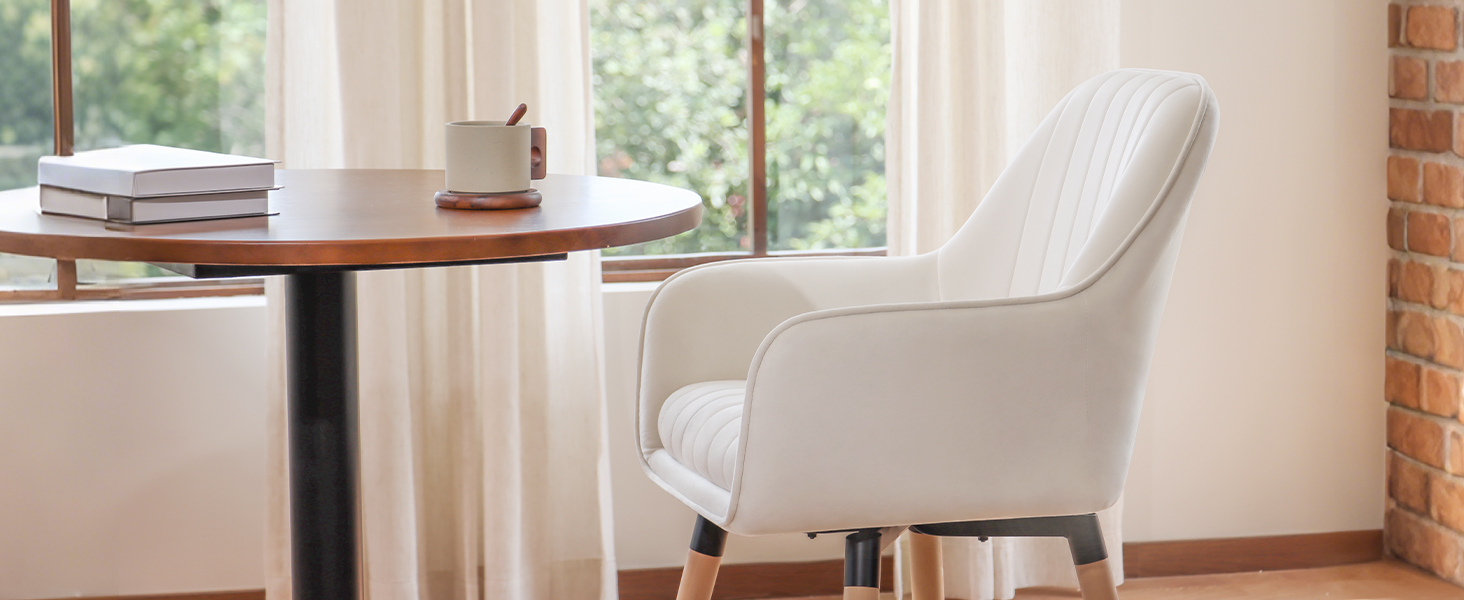 Крісла для обідньої зони ELUCHANG (2 шт.), поворотні на 360°, м'яке сидіння 10 см, високі підлокітники, кремово-білий велюр, до 150 кг, для спальні, кухні, вітальні
