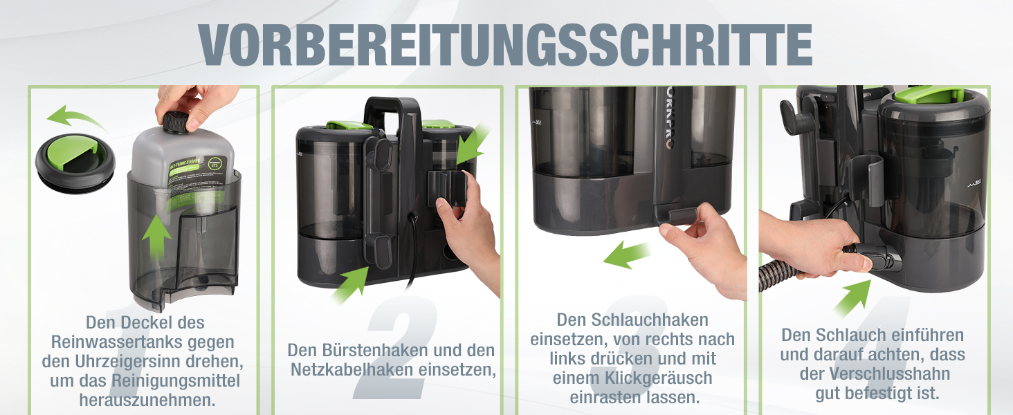 WORKPRO Мийний пилосос 450W 13kPa, 1.6L з миючим засобом та 2 насадками, для килимів, диванів, авто