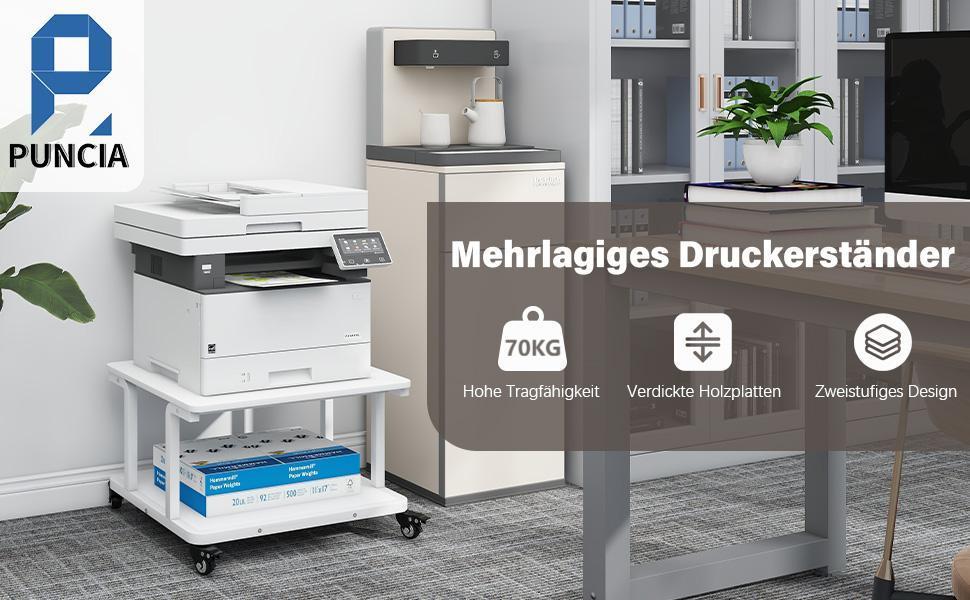 Стіл для принтера PUNCIA з 2 рівнями, мобільний, 60x50 см, білий. Підходить для принтера, сканера, копіювальника.
